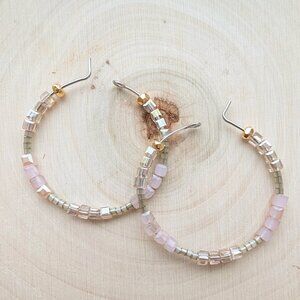 Shimmery Pink Cubed Glass Champagne and Pink Steel Hoop Earrings